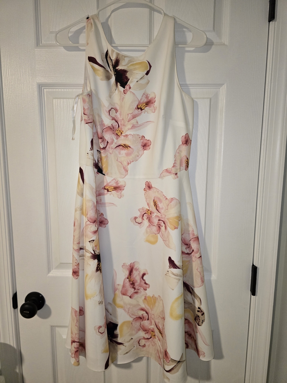 White House Black Market White Midi Dress with Pink Floral Print